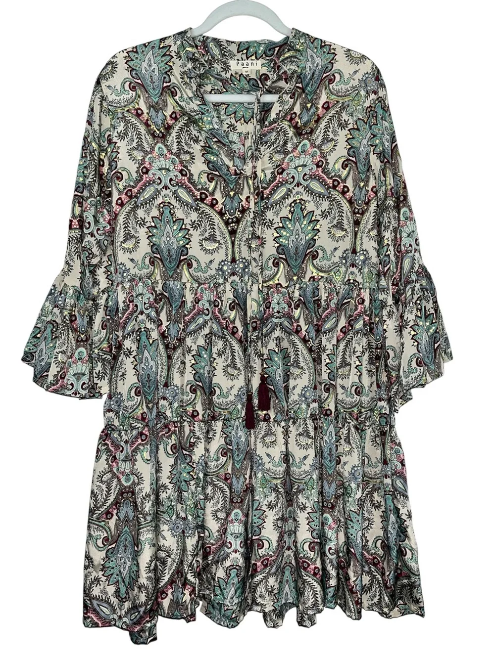 Paani Paisley Bell Sleeve Tunic Dress Medium Boho Multicolor Tiered Resortwear - Picture 2 of 11
